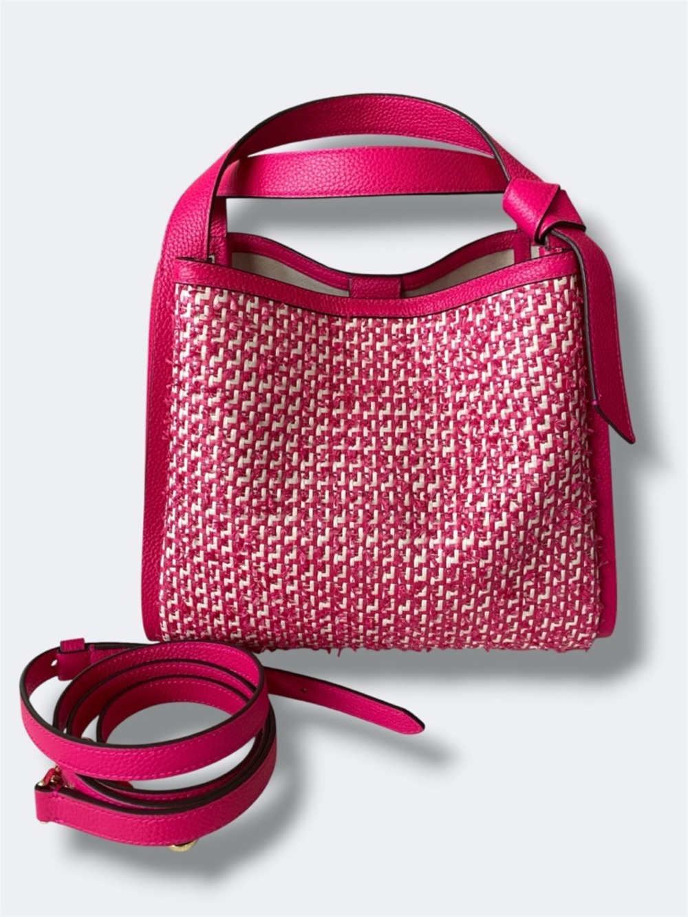 Kate Spade Knott Raffia Tweed Medium Crossbody Satchel, Wild Raspberry Pink Bag